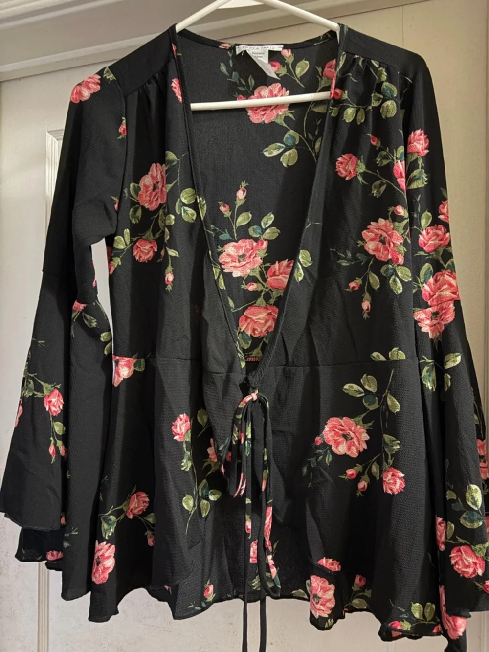 Floral Tie-Front Blouse - Black with Pink Roses - Picture 1 of 2